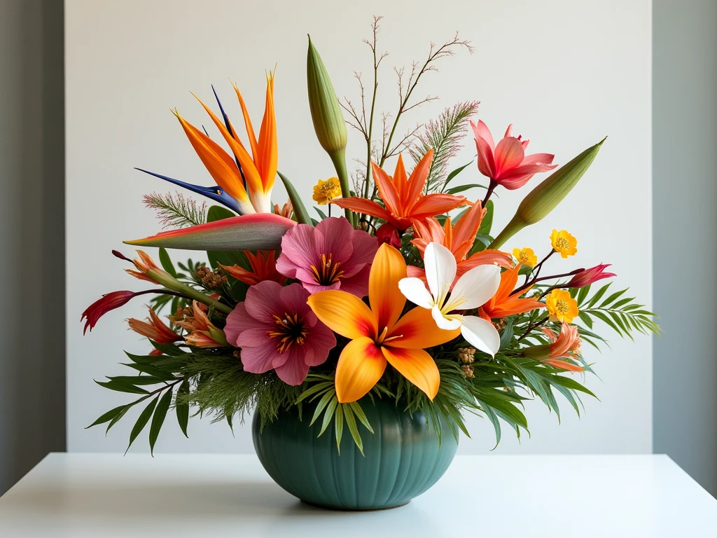 Modern minimalist floral design with exotic flowers